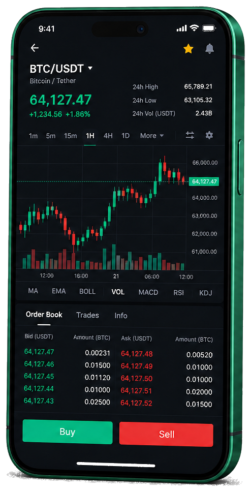 Valdoria Bitex plataforma de operaciones móviles: gráfico BTC/USDT en vivo, libro de órdenes e interfaz de compra/venta